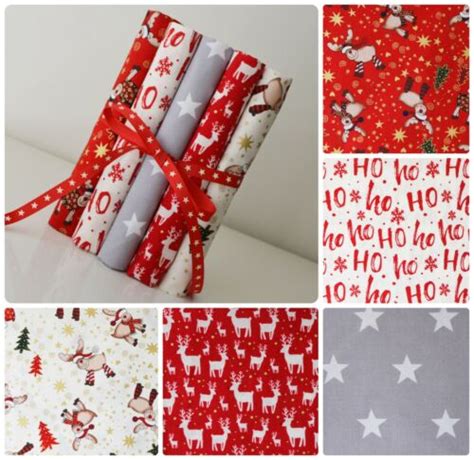 Christmas Fabric Fat Quarter Bundle 100 Cotton Stars Red Grey Festive