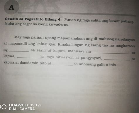 Gawain Sa Pagkatuto Bilang 4 Punan Ng Mga Salita Ang Bawat Patlang