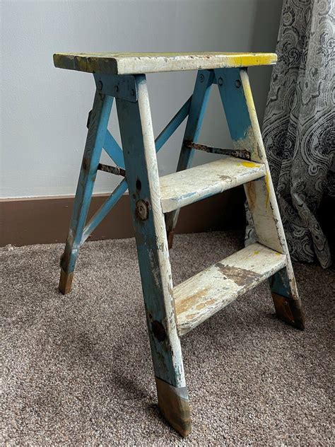 Vintage Wood Ladder Mini Folding 2 Step Chippy Worn Teal Blue Yellow