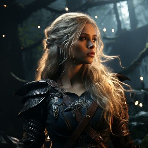 A Woman With Long Blonde Hair And Armor In The Dark Forest Looking Off