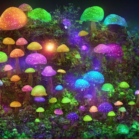 Krea Ai Macro Photo Of Bioluminous Mushrooms Growing In A