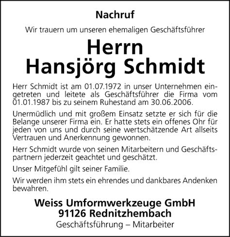 Traueranzeigen Von Hansj Rg Schmidt Trauer Nn De