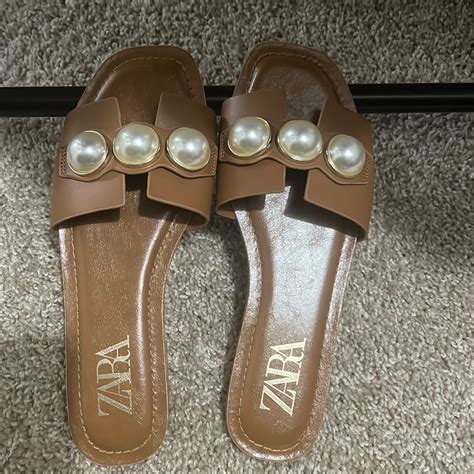 Zara Leather Slide Sandals With Pearls Gem