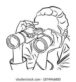 Outline Sketch Girl Look Through Binoculars Stock Vector Royalty Free