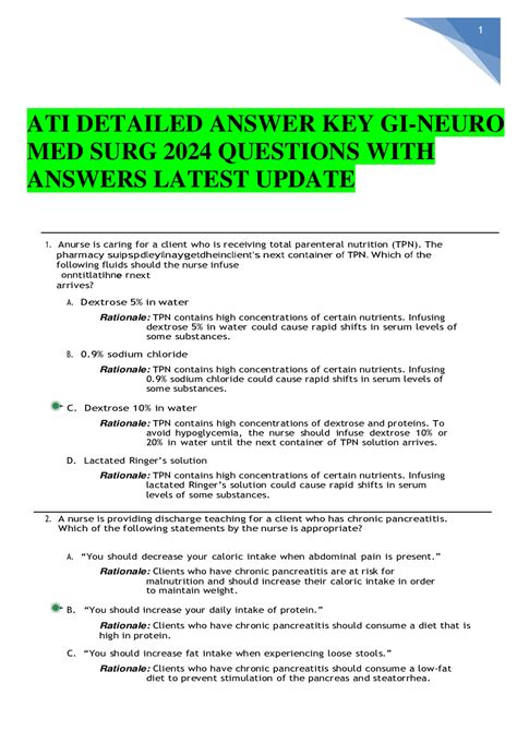 ATI DETAILED ANSWER KEY GI NEURO MED SURG 2024 QUESTIONS WITH ANSWERS