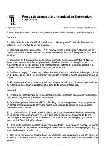 Examen de Física de Extremadura PAU de 2011 Descargar exámenes