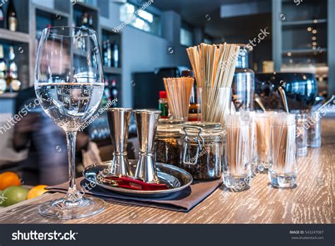 Classic Bar Counter Bottles Blurred Background Stock Photo 543247087