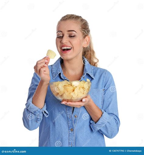 Woman Eating Potato Chips Stock Image Image Of Food 130797795