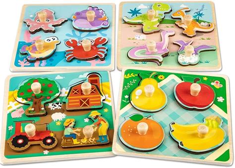 Wooden Toddler Puzzles, Funsland Peg Puzzles Gifts Toys, 4 Pcs Eco Friendly Animal Patterns ...