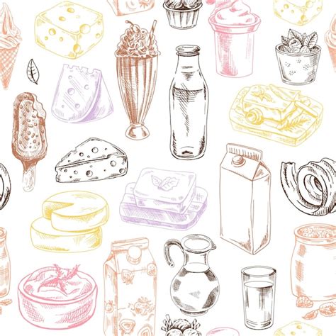 Premium Vector Seamless Pattern Of Hand Drawn Dairy Produce In Sketch