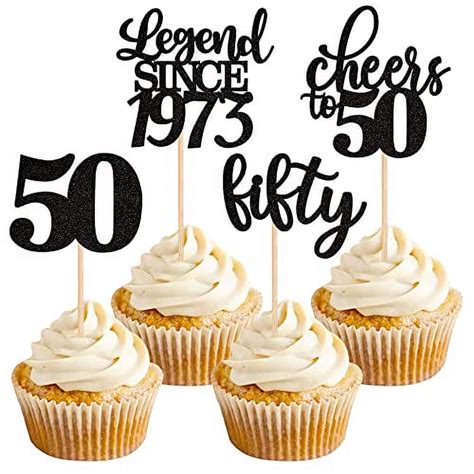 24 Pcs Black 50th Birthday Cupcake Toppers Glitter Fifty Cheers To 50