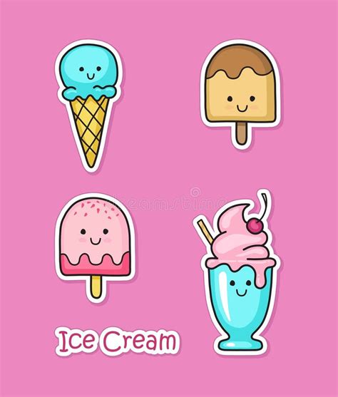 Set Of Cute Cartoon Ice Creams Stickers Stock Vector Illustration Of