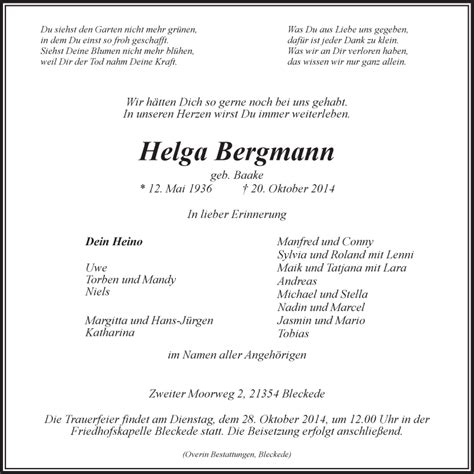 Traueranzeigen Von Helga Bergmann Trauer L Neburg De