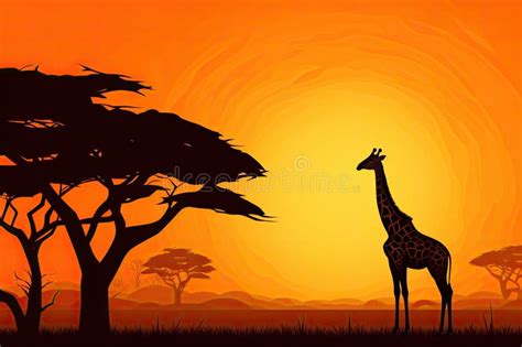 African Landscape With Giraffe And Acacia Tree At Sunset Vector