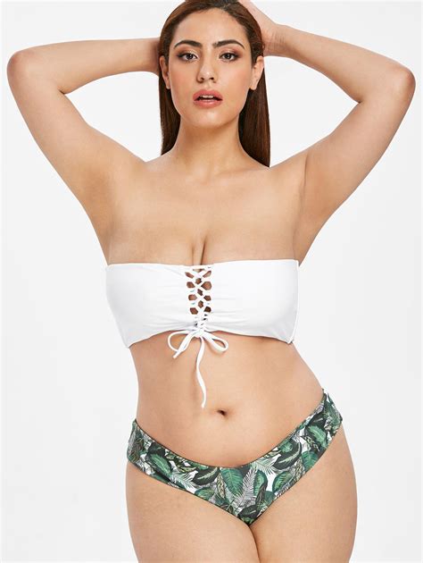 23 Off 2019 Zaful Plus Size Leaf Lace Up Bikini Set In White Zaful