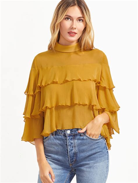 Buttoned Keyhole Back Layered Ruffle Blouse Shein Sheinside