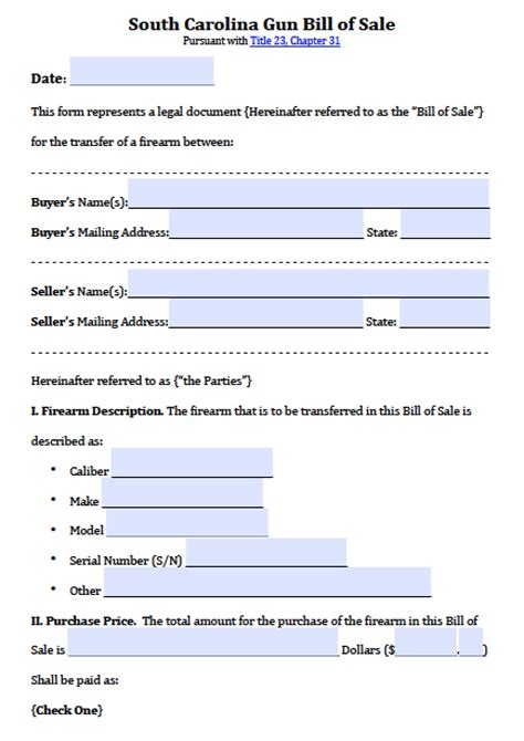 Free South Carolina Firearmgun Bill Of Sale Form Pdf Word Doc