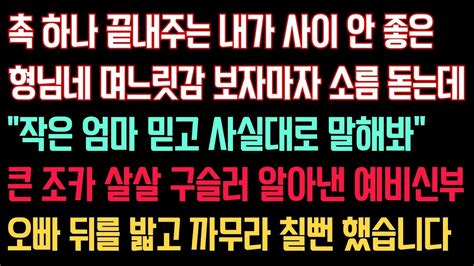 촉 끝내주는 내가 사이 안 좋은 형님네 며느릿감 보자마자 소름이 돋는데 작은 엄마 믿고 사실대로 말해봐 큰 조카를 살살 구슬러 알아낸 예비 신부오빠 뒤를 밟고 까무라칠 뻔