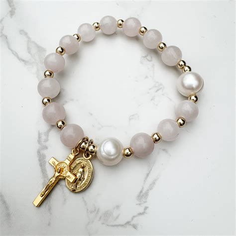 Catholic Rosary Stretch Bracelet With Gold Tone Crucifix And Miraculous