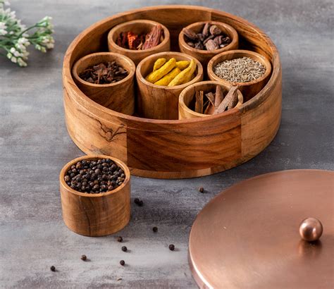 Buy Wooden Round Plain Spice Box With 7 Containers Online In India At