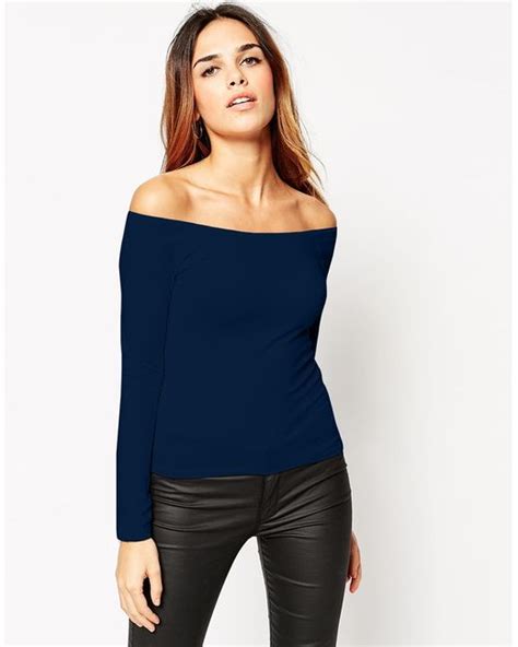 Asos The Off Shoulder Top With Long Sleeves In Blue Navy Lyst