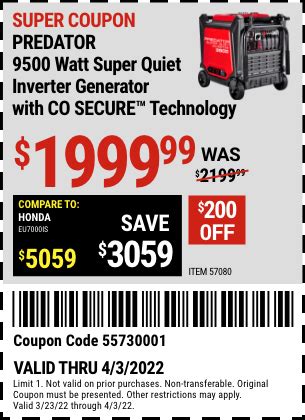 Predator Watt Super Quiet Inverter Generator With Co Secure