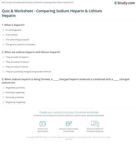 Quiz And Worksheet Comparing Sodium Heparin And Lithium Heparin