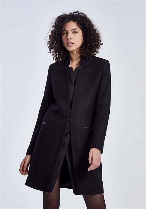 Manteau Mi Long Drap De Laine Col Enduit Noir Ikks Women Manteau Femme Ikks