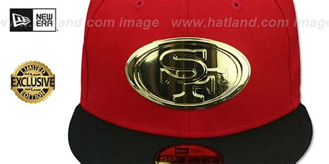 San Francisco 49ers Gold Metal Badge Red Black Fitted Hat