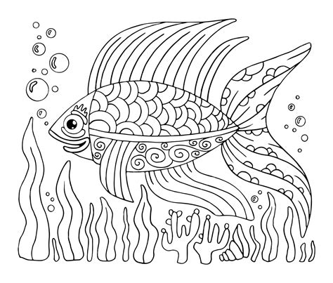 Premium Vector | Coloring page fish Sea animal Doodle Coral reef hand drawn Underwater ocean ...