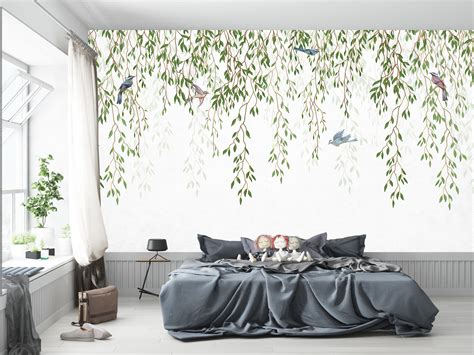 Hanging Leaves Birds Tropical Wallpaper Floral Wall Mural Etsy