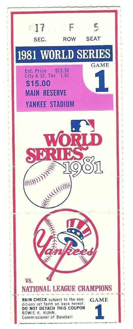 1981 World Series Game 1 Ticket stub Dodgers Yankees