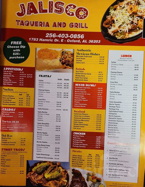 Menu For Jalisco Taqueria And Grill In Oxford Al Sirved