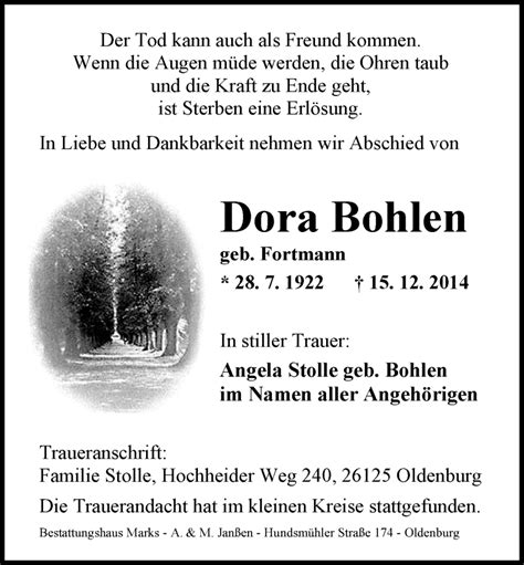 Traueranzeigen Von Dora Bohlen Nordwest Trauer De