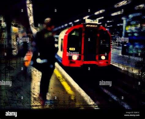 Central Line Tube train arriving at platform. Stratford, East London ...