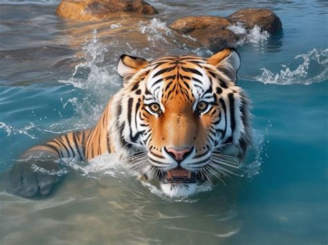 Premium Ai Image Siberian Tiger Swimming In The Water Directly In