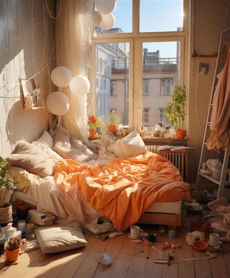 Premium Photo Messy Bedroom With Balloons And Bed