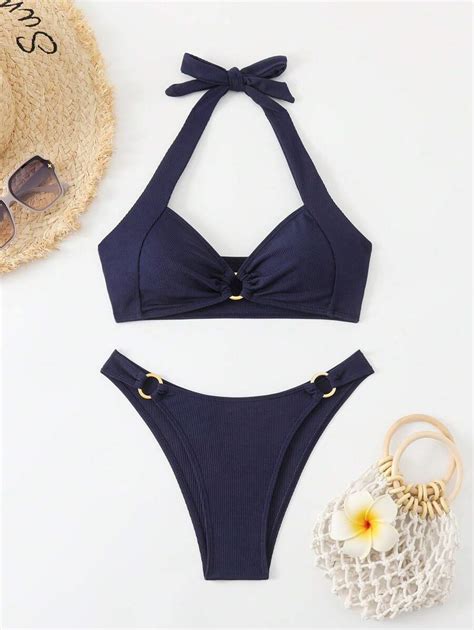 Women S Summer Beach Solid Color Ruffle Halterneck Bikini Set SHEIN UK