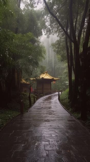 Premium AI Image | A path in the forest with a pagoda in the background.