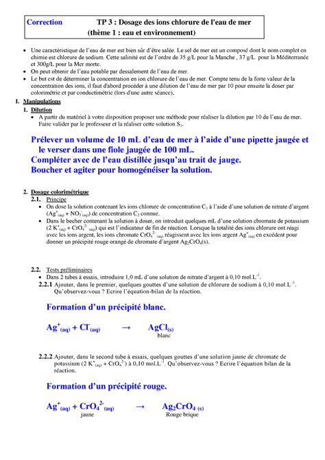 Correction TP3 Dosage Ions Chlorure Correction TP 3 Dosage Des Ions