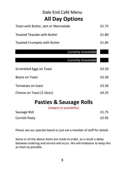 Menu At Dale End Caf Cafe Coalbrookdale