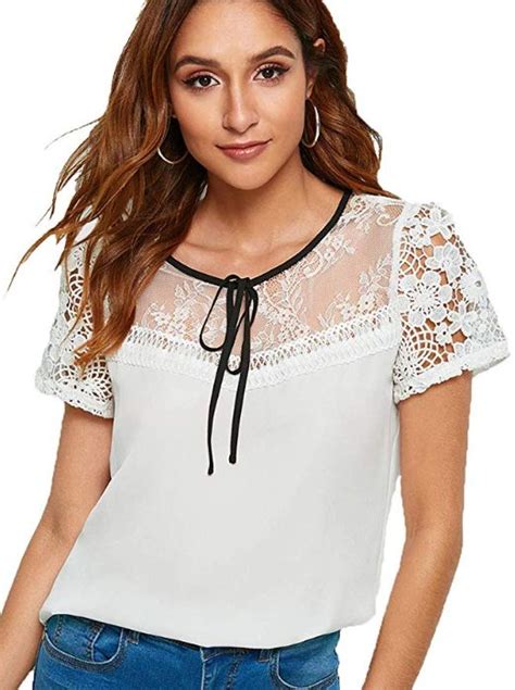 Romwe Womens Embroidered Floral Self Tie Mesh Lace Blouse Top Trim