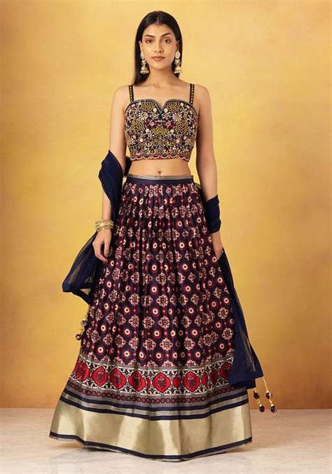 Buy Women Navy Blue Abstract Print Satin Lehenga Set With Embroidered