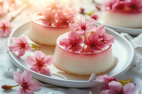 Panna Cotta Topped With A Delicate Cherry Blossoms In Syrup Generative