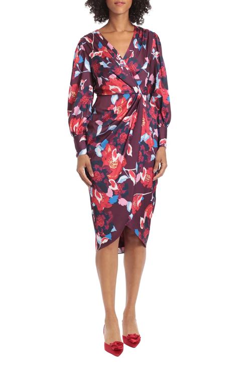 Maggy London Floral Print Long Sleeve Faux Wrap Midi Dress Nordstrom