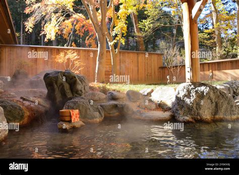 Open Air Hot Spring With Autumn Foliage Stock Photo Alamy