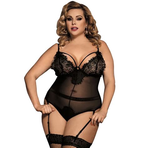 Women Rompers Plus Size Eyelash Lace Bodysuit Sexy Clubwear See Through