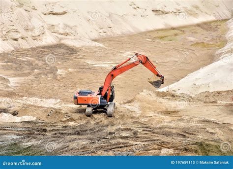 Excavator Dig Sand At The Open Pit Heavy Machinery Working In The Mining Quarry Digging And