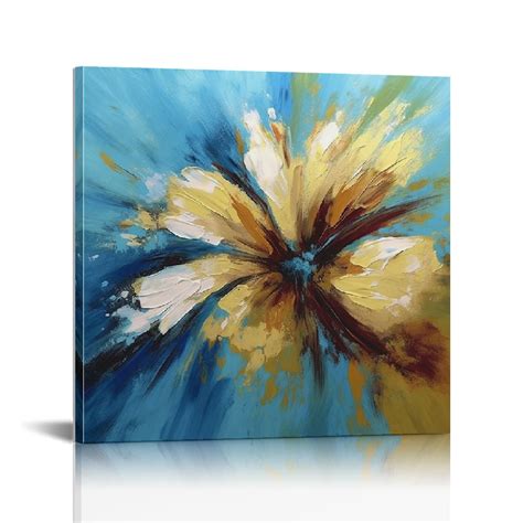 JEUXUS Modern Canvas Flower Wall Art Abstract Gold Floral Blue