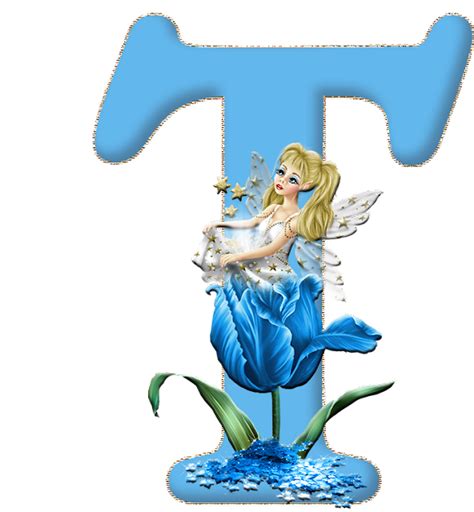 The Letter T Is Made Up Of Blue Flowers And A Fairy Sitting On Top Of It